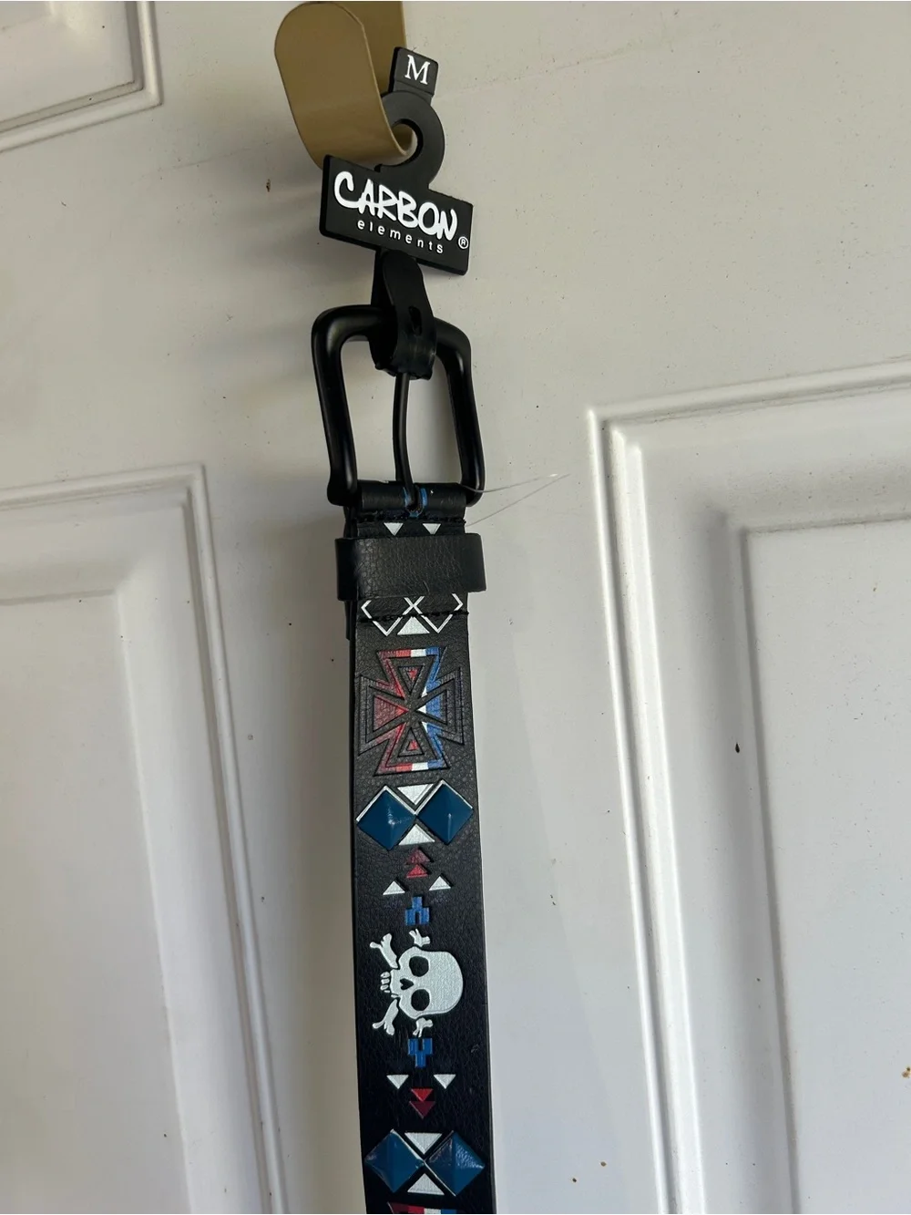 Carbon Black Studded Leather Belt with Blue and Red Accents